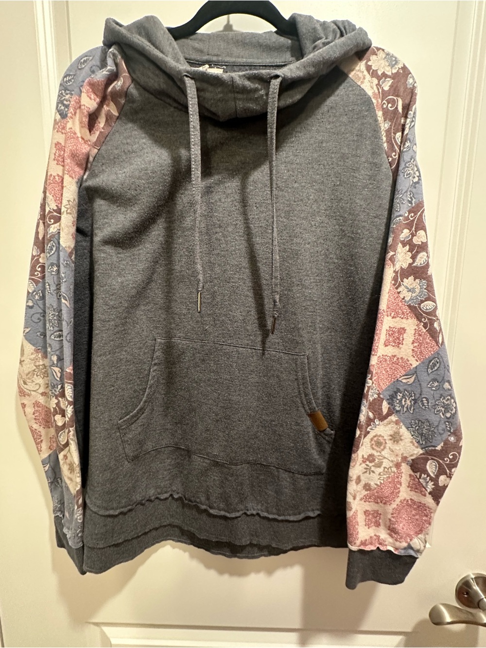 Maurices Blue Gray Cowl Neck Hoodie XL | Floral Patchwork Sleeves | Cozy Pullove